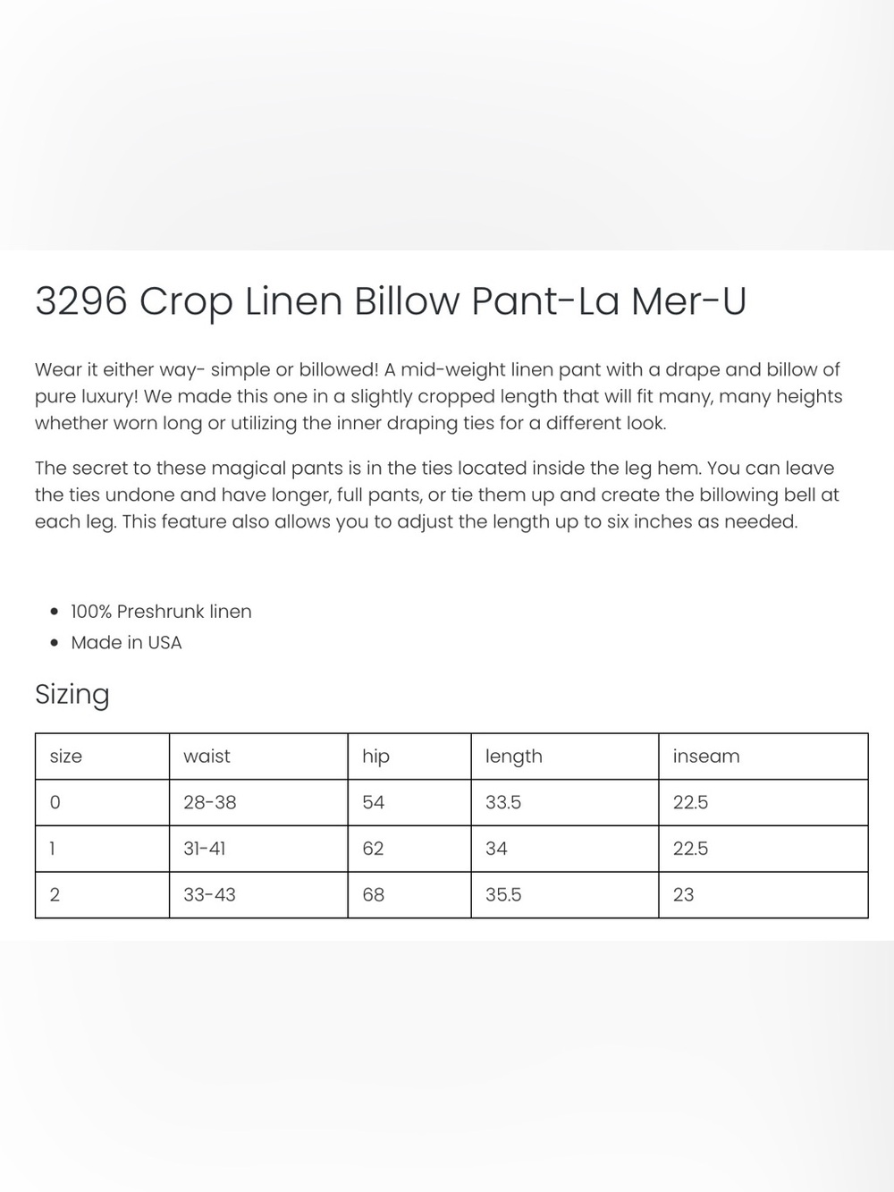 Bluefish Crop Linen Billow Pant in La Mer - Picture 6 of 6